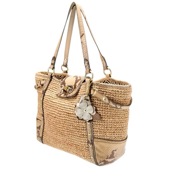 COACH Natalie Weekender Straw Leather Python Turn Lock Tote Bag 16839 $398 - Picture 5 of 11